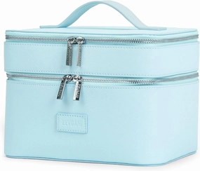 ZEVGANI Vanity Case Travel Makeup Bag, Portable Large Leather Cosmetic Bag Organizer with Dual Compartments, Compact Mirror, Brush Storage & Removable Divider for Toiletries & Skincare, Blue