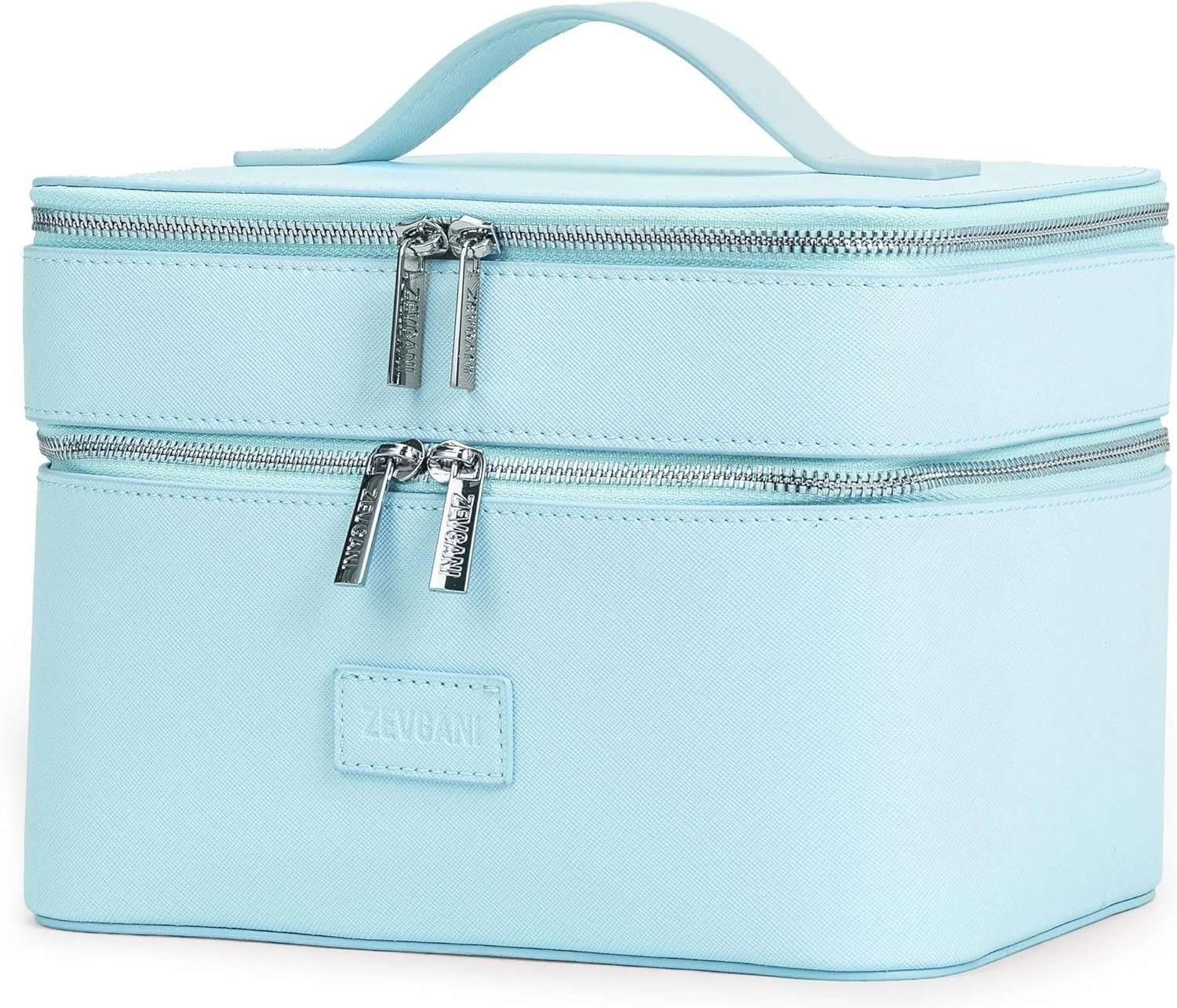 ZEVGANI Vanity Case Travel Makeup Bag, Portable Large Leather Cosmetic Bag Organizer with Dual Compartments, Compact Mirror, Brush Storage & Removable Divider for Toiletries & Skincare, Blue